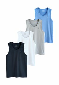 Vier mouwloze tanktops in zwart, wit, grijs en lichtblauw. Gemaakt van katoen met een gladde textuur en minimale merkvermelding op de borst.