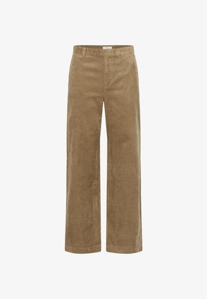 Kergelt pruuni värvi lokkis püksid, laiade jalgadega disain, millel on vertikaalne ribakujuline tekstuur, klassikaline vöökoht ja lukuga sulgemine.