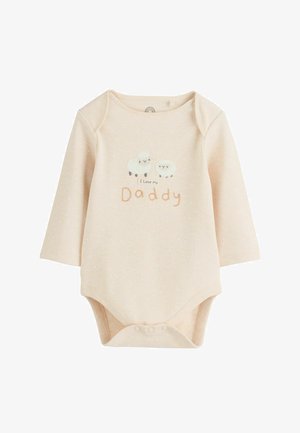 Beige langærmet babybody med to hvide får og teksten "I love my Daddy" foran, trykknapper nederst.
