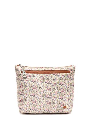 Piccolo astuccio rettangolare con stampa floreale multicolore e due tasche con cerniera marrone su sfondo bianco.