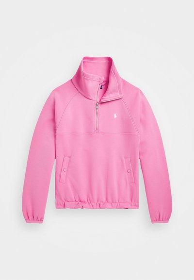 Sweatshirt rosa com colarinho com fecho, punhos elásticos e bolsos laterais. Feito de tecido suave, com um pequeno logótipo no peito.