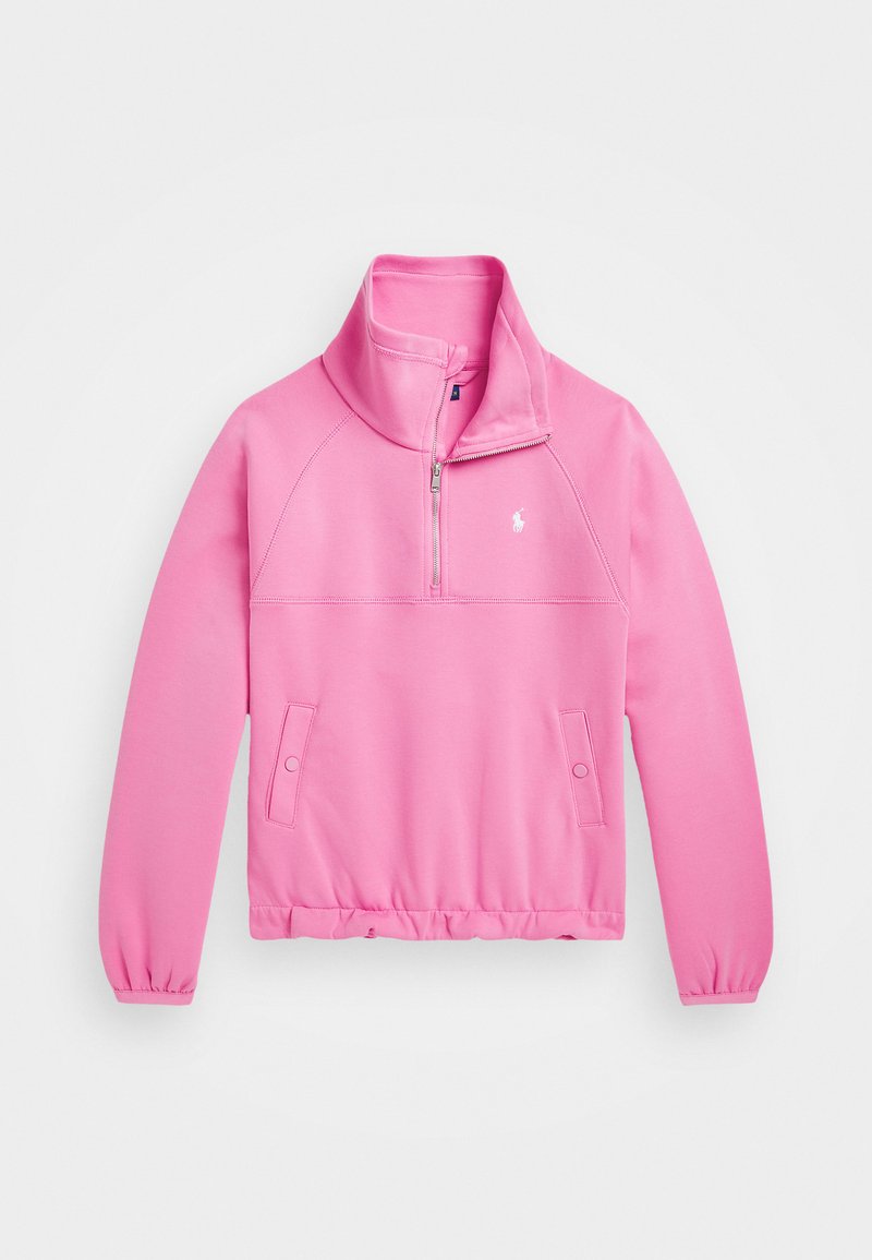 Lyserød sweatshirt med lynlås i kraven, elastiske manchetter og sidelommer. Fremstillet af blødt stof med et lille logo på brystet.