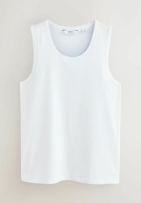 Débardeur blanc uni sans manches avec encolure ronde, présenté à plat sur un fond neutre.
