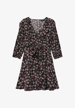 Abito nero al ginocchio con motivo floreale rosso e bianco, maniche a tre quarti, scollatura a V e cintura in vita.