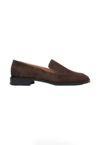 Brown suede loafers with a flat black sole, featuring a sleek, rounded toe and subtle stitching details along the upper.