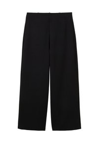 Pantaloni neri a gamba larga realizzati in tessuto strutturato, con vita alta e senza chiusure o tasche visibili. Linee morbide e pulite.