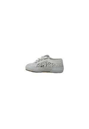 White low-top sneaker with lace floral pattern, rubber sole, and white laces, shown from the side on a plain background.