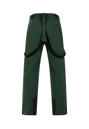 Dunkelgrüne Outdoor-Hosen mit schwarzen verstellbaren Trägern, die hinten befestigt sind, und schwarzen verstärkten Patches in der Nähe der Knöchel.