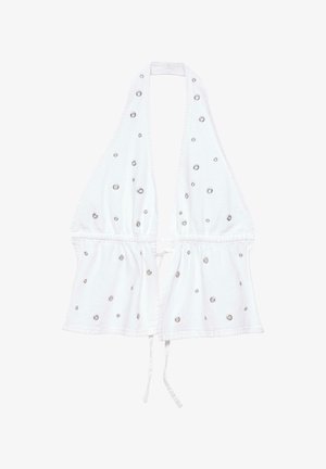 Biely halter top s hlbokým V-výstrihom, nastaviteľným viazaním v páse a rozptýlenou dekoráciou zo strieborných kovových očiek.