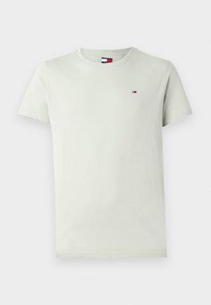 Hellgrünes, kurzärmliges Baumwoll-T-Shirt mit Rundhalsausschnitt und kleinem Logo auf der Brust. Glatte Textur, lässige Passform.