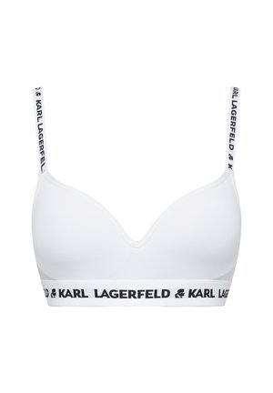 White padded bra with thin adjustable straps and elastic band, branded with "KARL LAGERFELD" text and logo in black.