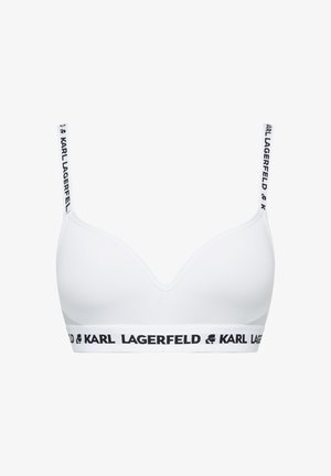 Reggiseno bianco imbottito con spalline sottili regolabili e fascia elastica, contrassegnato dal testo e logo "KARL LAGERFELD" in nero.