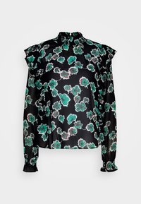 Schwarze Blumenbluse mit grünen und hellrosa Blumen, Rüschenschultern, hohem Kragen und elastischen Ärmeln. Aus leichtem, transparentem Stoff gefertigt.