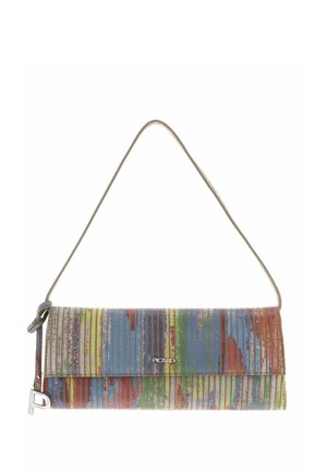 Sac d'épaule rectangulaire à rayures verticales multicolores, fini métallique, logo "Picard" argenté, et fine bandoulière beige.