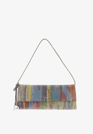 Rectangular shoulder bag with multicolored vertical stripes, metallic finish, silver "Picard" logo, and thin beige strap.