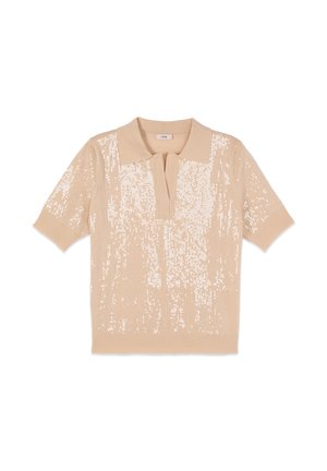 Beige short-sleeve knit polo shirt with collar and shimmering sequins pattern on front and sleeves.