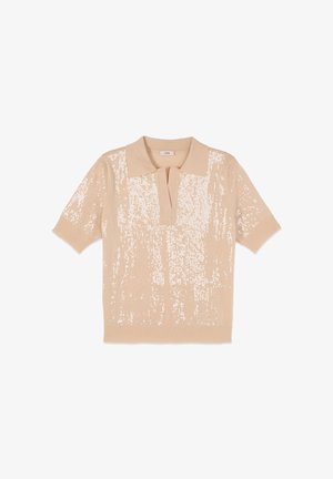 Polo beige a maniche corte in maglia con colletto e motivo scintillante di paillettes su fronte e maniche.