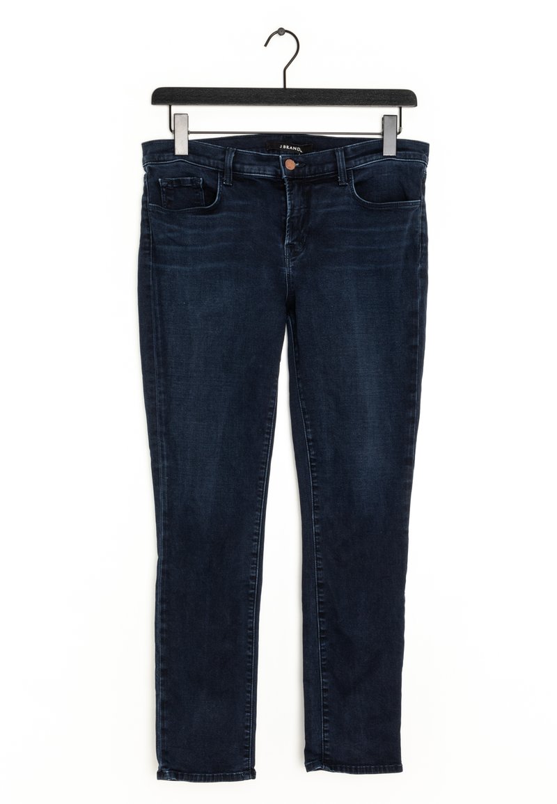 Dark blue denim jeans hang from a black hanger, featuring a classic five-pocket design and a straight leg cut.