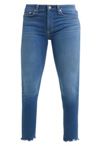 Jeans de mezclilla azul con un ajuste recto, cintura de media altura y dobladillo sin terminar en los tobillos. Presenta un estilo clásico de cinco bolsillos y un desvanecimiento sutil.