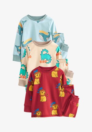 Tri detské pyžamá s dlhým rukávom a nohavicami, s motívmi veľrýb, dinosaurov a levov na modrom, béžovom a červenom podklade.