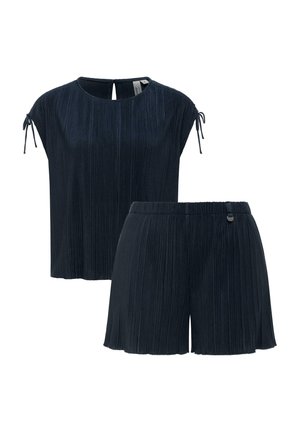 Marineblaues, plissiertes kurzärmeliges Oberteil mit Bindendetails und passende plissierte Shorts mit elastischem Bund.
