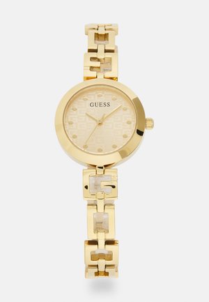 Gouden horloge met een ronde wijzerplaat, een gepattern gezichten en een schakelsbandontwerp met vierkante accenten. Elegante en minimalistische uitstraling.