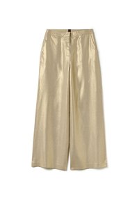 Pantaloni larghi in oro, con una texture liscia e lucida, dotati di una chiusura lampo frontale, due tasche laterali e un design pulito e sartoriale.