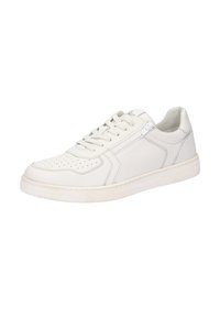 White leather sneaker with perforated toe, flat laces, and side zipper. Features simple stitching and a textured rubber sole.