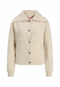 Cardigan in lana beige con ampio colletto a costine, cinque bottoni frontali, maniche lunghe e polsini e orlo a costine.