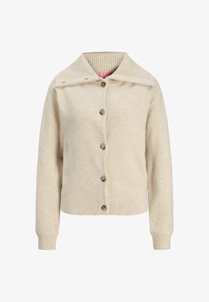 Beez värvi villane kardigan laia ribakraega, viie esipaneeli nööbiga, pikkade varrukatega ning ribakraega ja äärega.