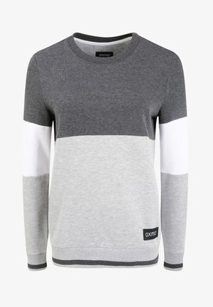 Gray sweatshirt with light gray and white horizontal stripes. Soft fabric, crew neck, ribbed cuffs and hem. Logo tag at the bottom left.