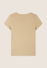 T-shirt beige a maniche corte con scollatura rotonda e un piccolo dettaglio decorativo con bottone sul retro. Texture liscia e design semplice.