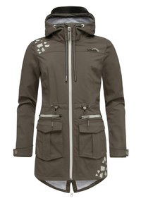 Dark olive green hooded jacket with silver accents, dual zip pockets, adjustable drawstring, and geometric pattern on left side.