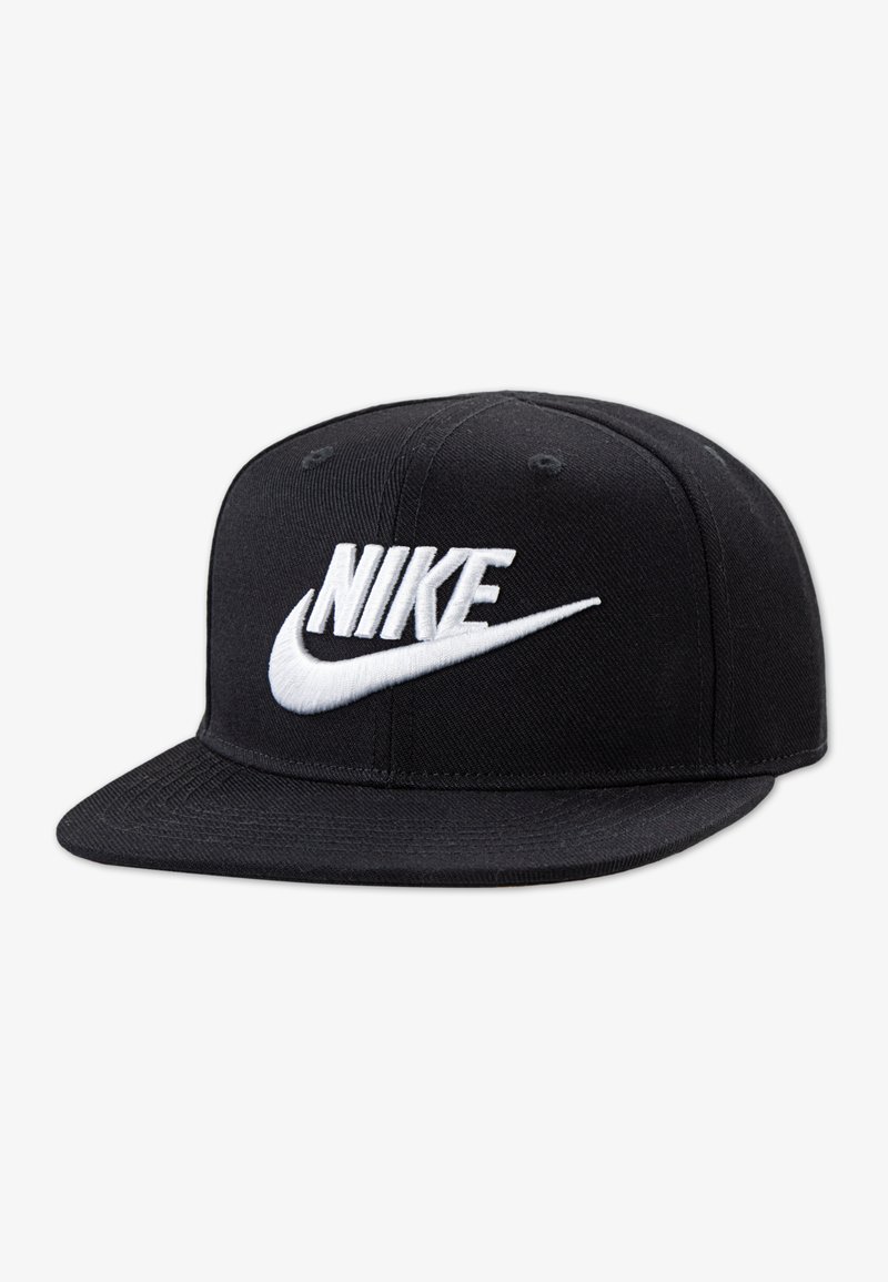 Black baseball cap with flat brim, featuring an embroidered white Nike logo on the front. Made of durable fabric, structured design.