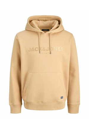 Felpa beige realizzata in misto cotone, con tasca a marsupio, cappuccio con coulisse e logo "JACK & JONES" in rilievo sulla parte anteriore.