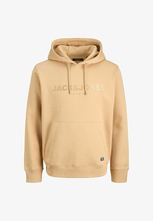 Beige színű kapucnis pulóver, pamut keverékből készült, elöl kenguruzsebbel, húzózsinórral ellátott kapucnival és a "JACK & JONES" logó dombornyomásával.