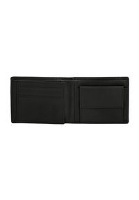 Schwarze Lederbrieftasche, Bifold-Design, mit mehreren Kartenfächern und einem einzelnen Fach für Bargeld oder Dokumente, glatte Textur.