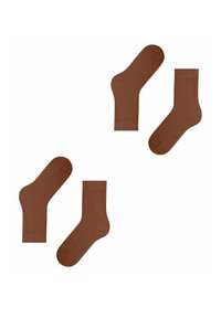 Braune gestrickte Socken mit einem strukturierten Rautenmuster, ausgestattet mit einem bequemen Bündchen und einer verstärkten Ferse. Zwei Paare werden gezeigt, eines in Knöchellänge.