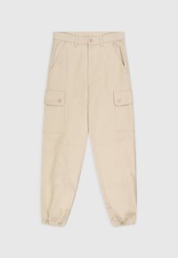 Beige Cargo-Hosen mit schmalem Schnitt, ausgestattet mit zwei seitlichen Taschen, zwei Klapptaschen mit Knöpfen und elastischen Bündchen an den Knöcheln.
