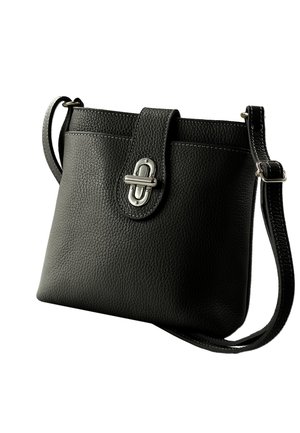 Schwarze, strukturierte Leder-Umhängetasche mit silbernem Drehverschluss, verstellbarem Schulterriemen und weißen Kontrastnähten.