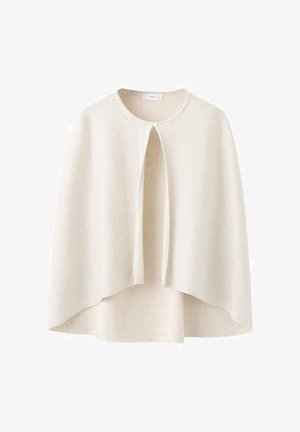 Pelerină bej deschis din material moale, cu guler rotund și închidere frontală cu nasturi. Are un design drapat și o textură fină.