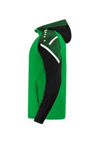 Groene en zwarte hoodie met een patroon op de capuchon. Heeft witte accenten, ritszakken en een getailleerd ontwerp. Gemaakt van zachte, rekbare stof.