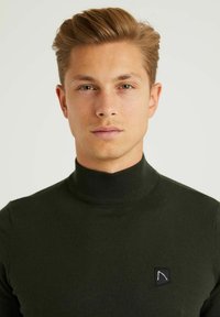 Suéter de cuello alto de color verde oscuro hecho de tejido de punto, con un cuello acanalado y un pequeño parche negro con un logotipo blanco en el pecho.