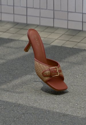 Rjavi natikač z visokim petom, tkanim trakom in zlatim zaponkom, počiva na tlakovanem zunanjm tlaku blizu ozadja z obloženim zidom.