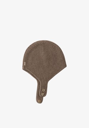 Braune, gerippte Strick-Wintermütze mit Ohrenschützern und drei Knöpfen an den verlängerten Klappen zum Befestigen unter dem Kinn.