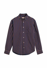 Chemise à manches longues bleu marine avec des rayures verticales orange, col boutonné, poche poitrine et ourlet arrondi. Tissu texturé.