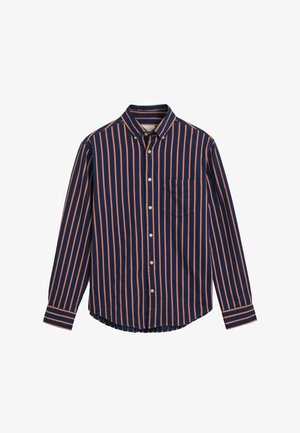 Marineblauw overhemd met lange mouwen, voorzien van oranje verticale strepen, een knoopsluiting op de kraag, een borstzak en een gebogen zoom. Gestructureerde stof.