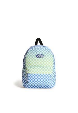 Rugzak met blauw, groen en wit dambordpatroon en zwarte handlus, Vans "Off The Wall" logo-patch aan de voorzijde.