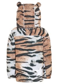 Doudoune à motif tigre avec des oreilles d'ours sur la capuche. Comprend un mélange de bruns, de noirs et de blancs, et inclut un accent en forme d'étoile blanche.