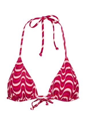 Top de bikini con patrón de olas en rosa y blanco. Copas triangulares con lazos ajustables en el cuello y la espalda. Material liso y elástico.